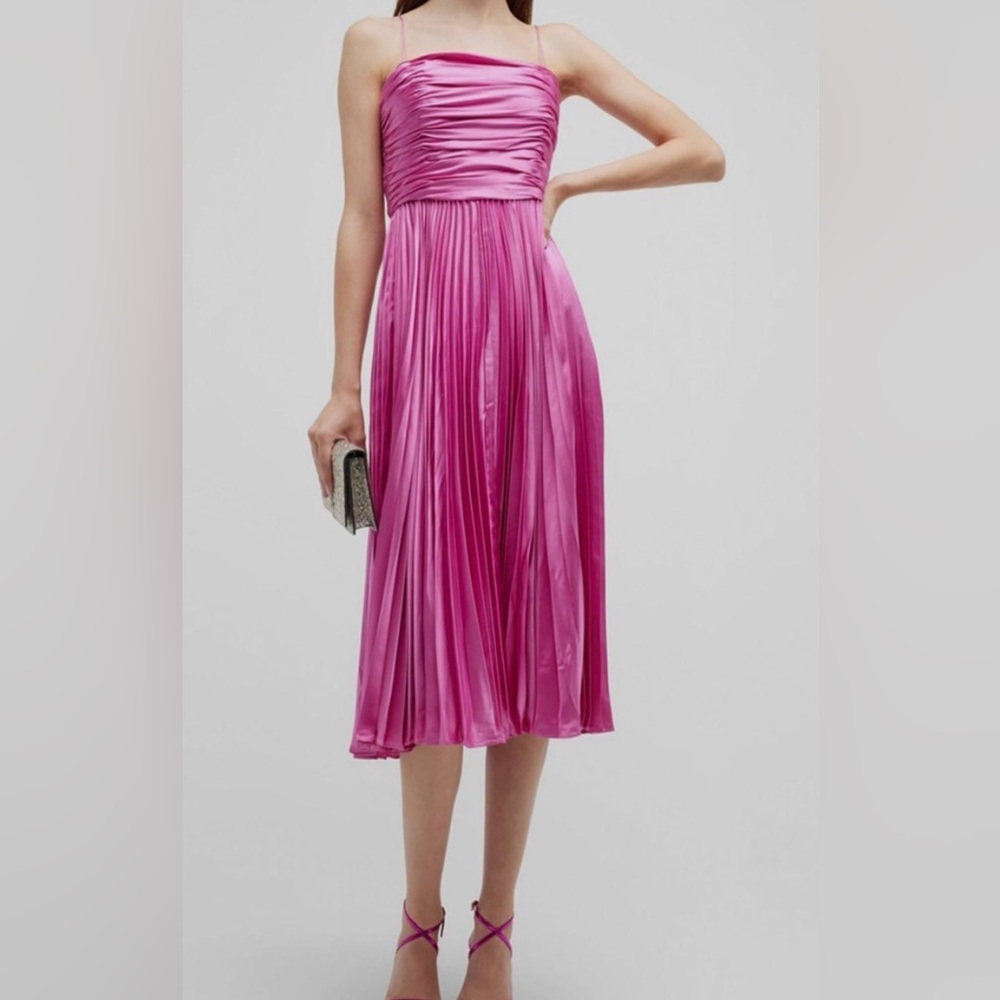 Amur Heba Pleated Satin Midi Dress NEW NWT